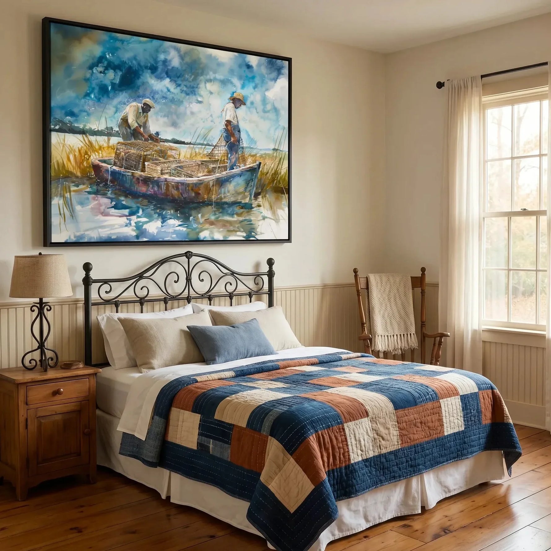 Lowcountry art in farmhouse bedroom with iron bed and patchwork quilt, Black men crabbing watercolor. Digital mockup.