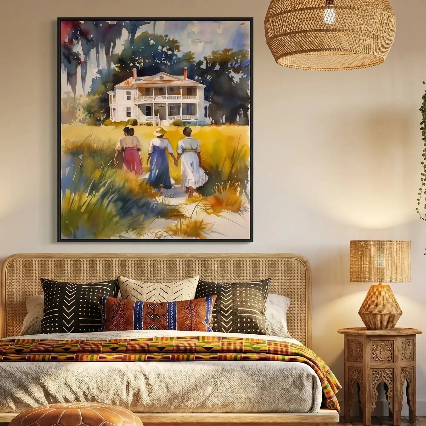 Lowcountry art in boho bedroom with cane bed and kente blanket, three Black women walking home watercolor. Digital mockup.