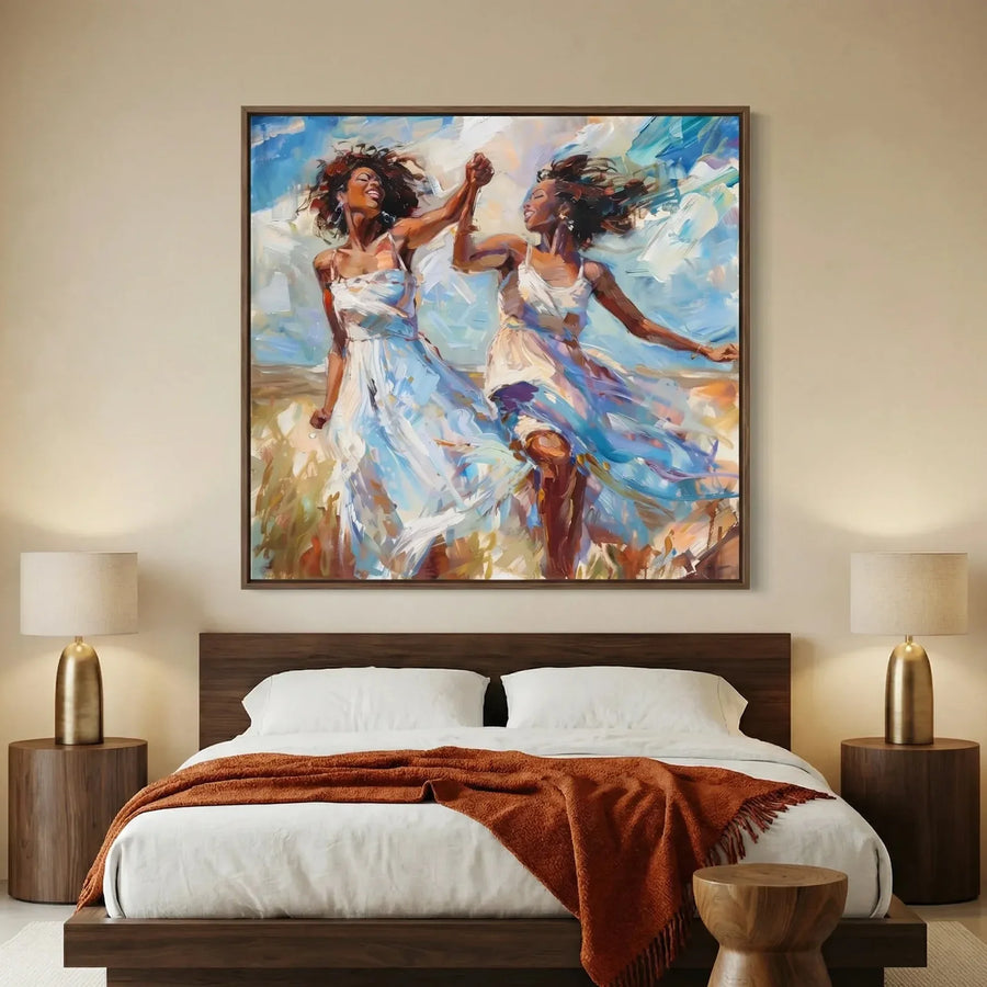 African American art for bedroom in modern bedroom with walnut platform bed and brass lamps, two Black women dancing. Digital mockup.