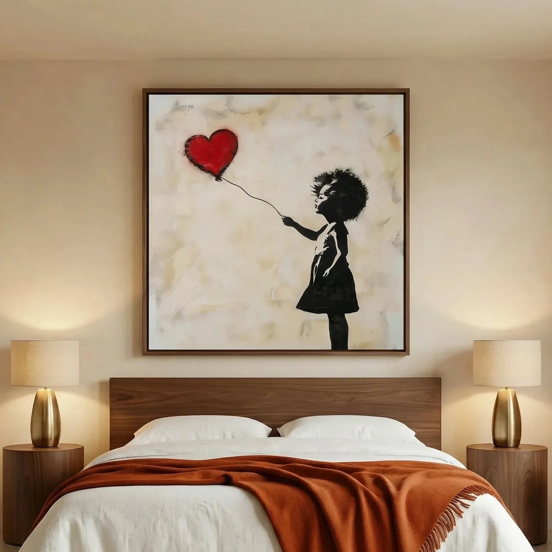 African American art for bedroom in modern minimalist space with walnut platform bed, Black girl with heart balloon, stencil. Digital mockup.