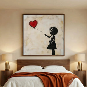 African American art for bedroom in modern minimalist space with walnut platform bed, Black girl with heart balloon, stencil. Digital mockup.
