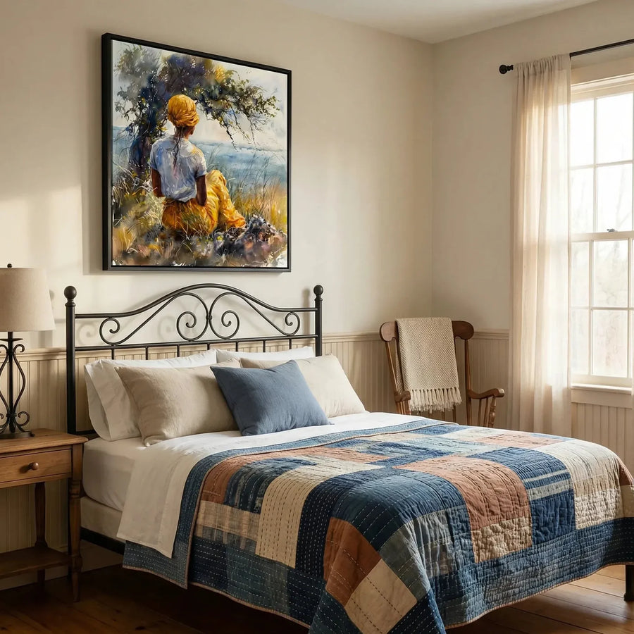 Gullah Geechee art in vintage farmhouse bedroom with iron bed and patchwork quilt, Black woman by marsh tree. Digital mockup.