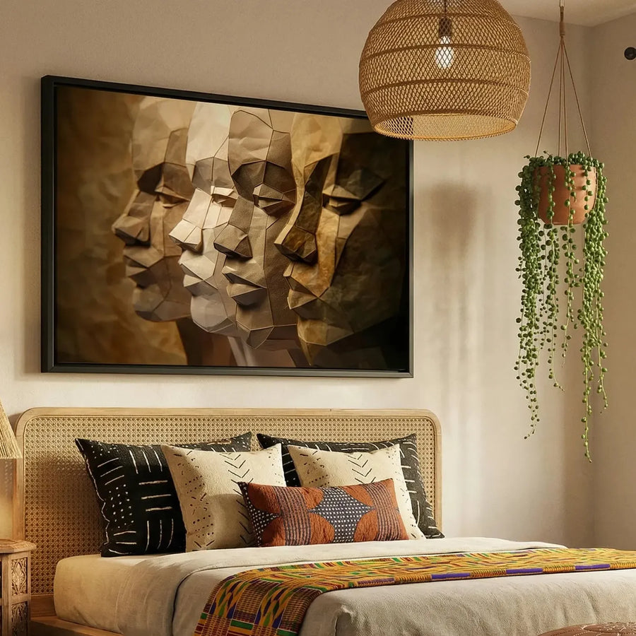 Afrohemian home decor wall art in boho Moroccan bedroom with cane bed and kente runner, paper-craft Black men profiles. Digital mockup.
