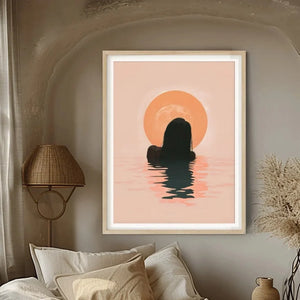 Afrohemian home decor wall art in boho cocoon bedroom nook with woven baskets, Black woman swimming at sunrise. Digital mockup.
