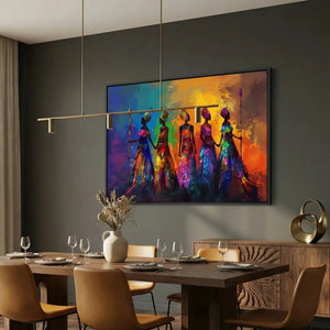 Modern Afro art in modern dining room with walnut table and cognac chairs, colorful five tribal African women painting. Digital mockup.