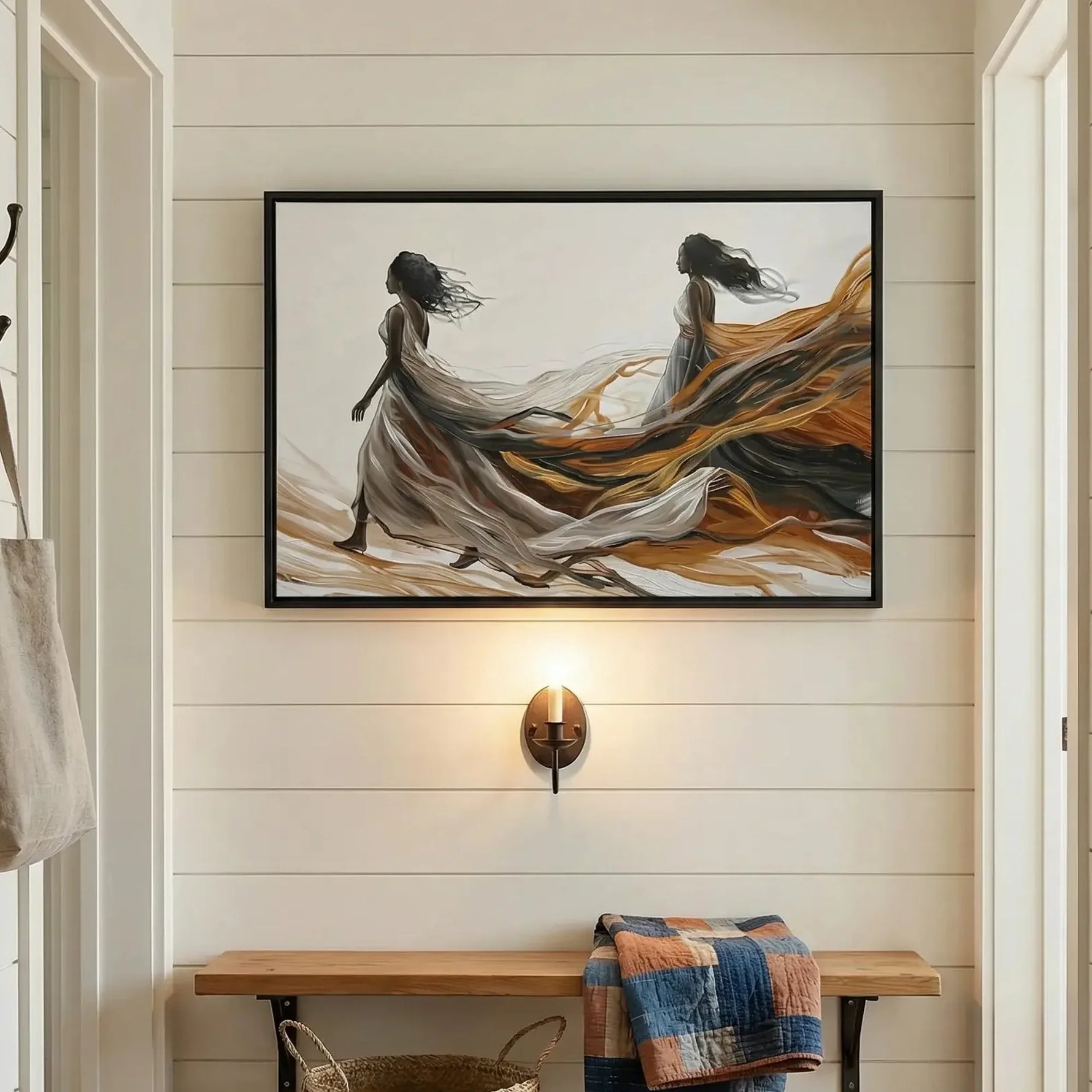 Black farmhouse wall decor in shiplap mudroom with patchwork quilt and woven basket, abstract Black women walking free. Digital mockup.