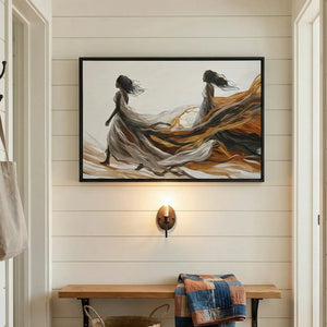 Black farmhouse wall decor in shiplap mudroom with patchwork quilt and woven basket, abstract Black women walking free. Digital mockup.