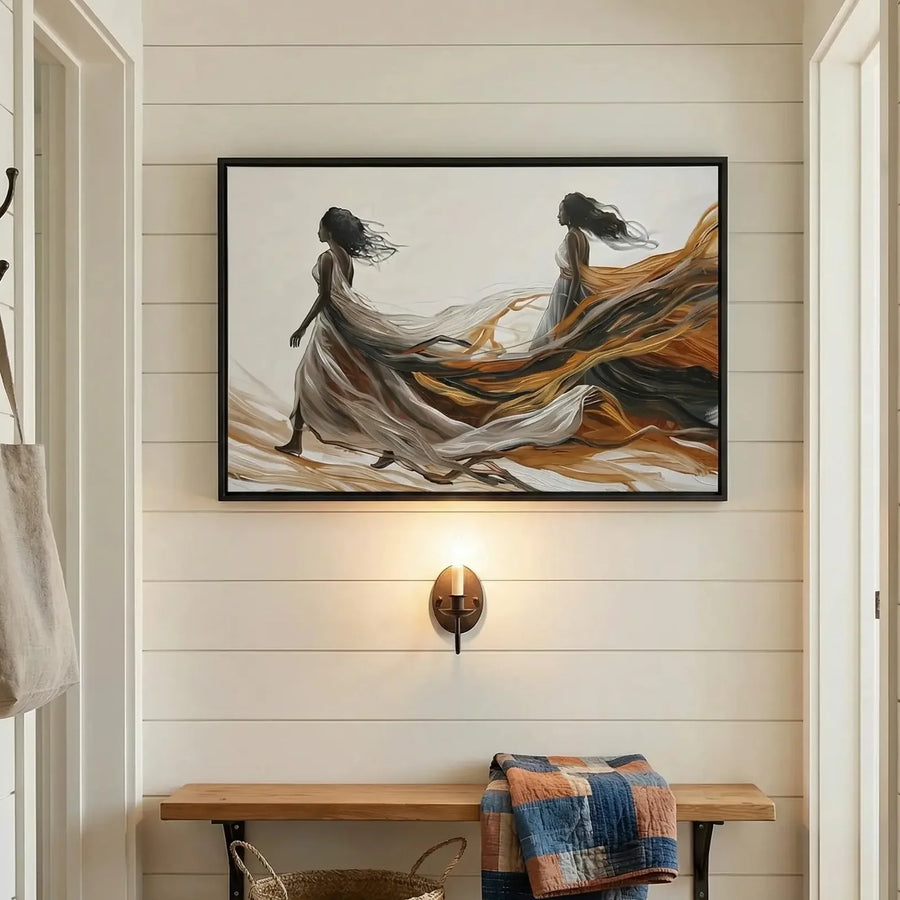 Black farmhouse wall decor in shiplap mudroom with patchwork quilt and woven basket, abstract Black women walking free. Digital mockup.