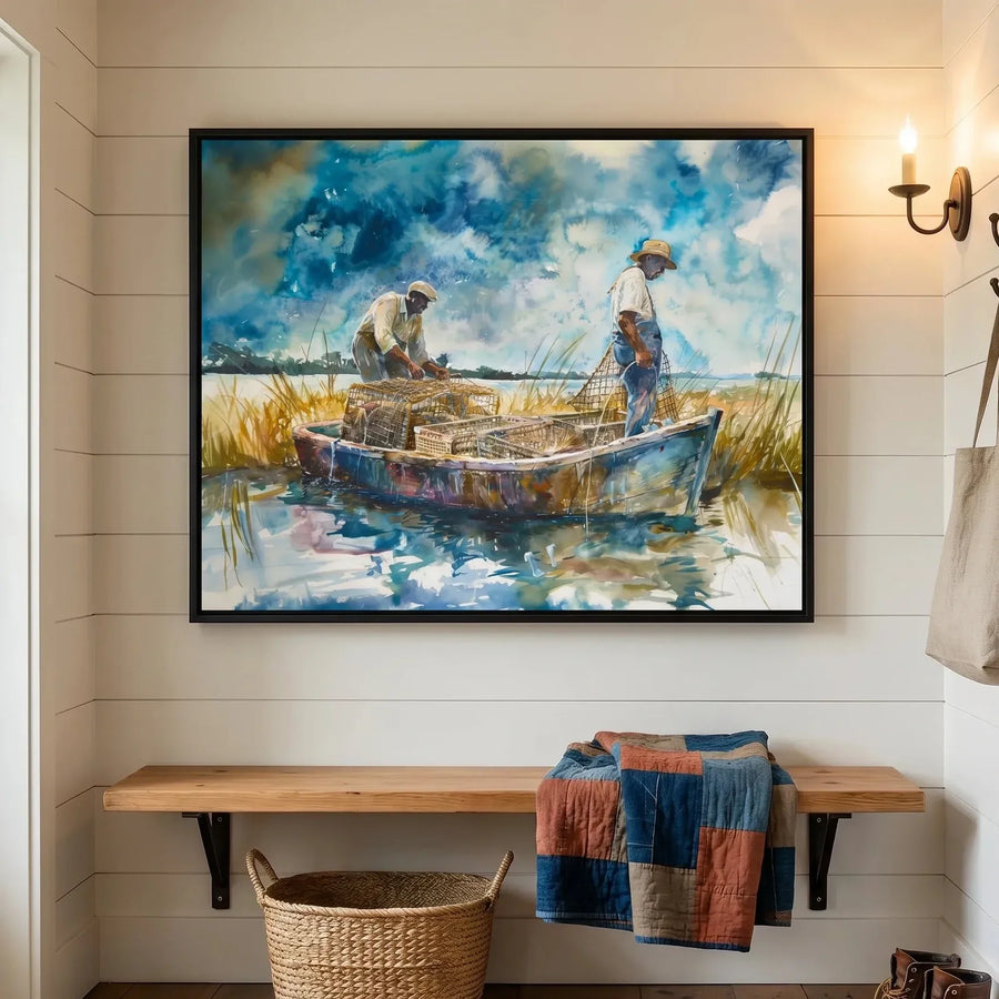 Lowcountry art in shiplap mudroom with patchwork quilt and woven basket, Black men crabbing watercolor. Digital mockup.