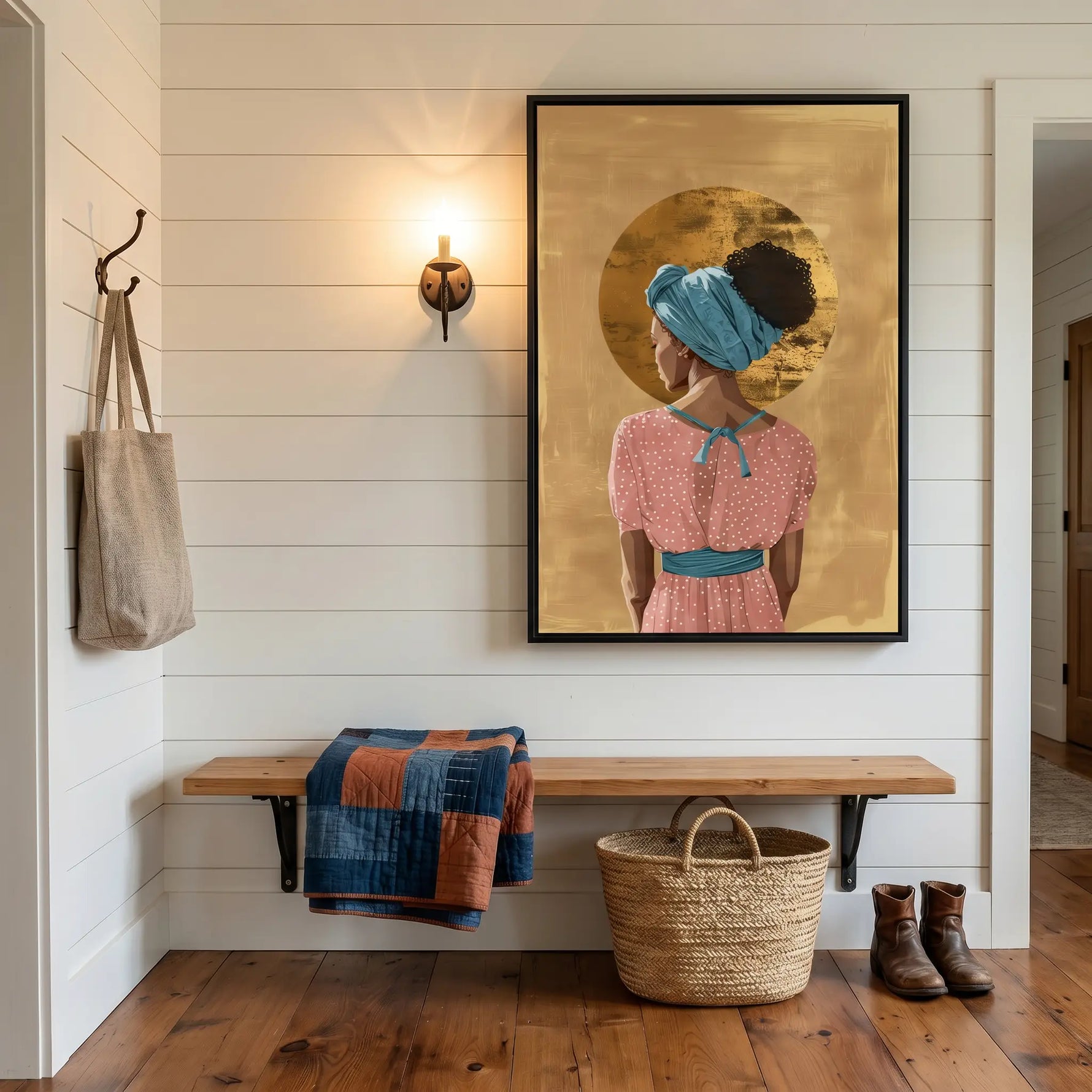 Afrohemian home decor wall art in hallway with shiplap mudroom entry, reclaimed bench, patchwork throw, basket. Digital mockup.