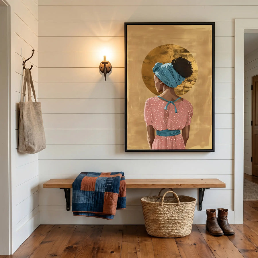 Afrohemian home decor wall art in hallway with shiplap mudroom entry, reclaimed bench, patchwork throw, basket. Digital mockup.