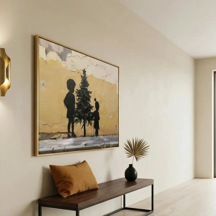 Afrohemian home decor wall art in minimalist hallway with brass sconce and walnut bench, street-art Black children Christmas. Digital mockup.