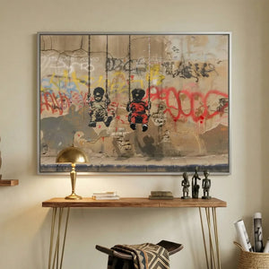 Black girl magic bedroom decor in modern bedroom with red duvet and concrete walls, street-art Black boys on swings. Digital mockup.