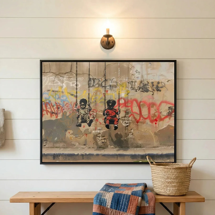 Black farmhouse wall decor in shiplap mudroom with patchwork quilt and woven basket, Black boys on swings stencil. Digital mockup.