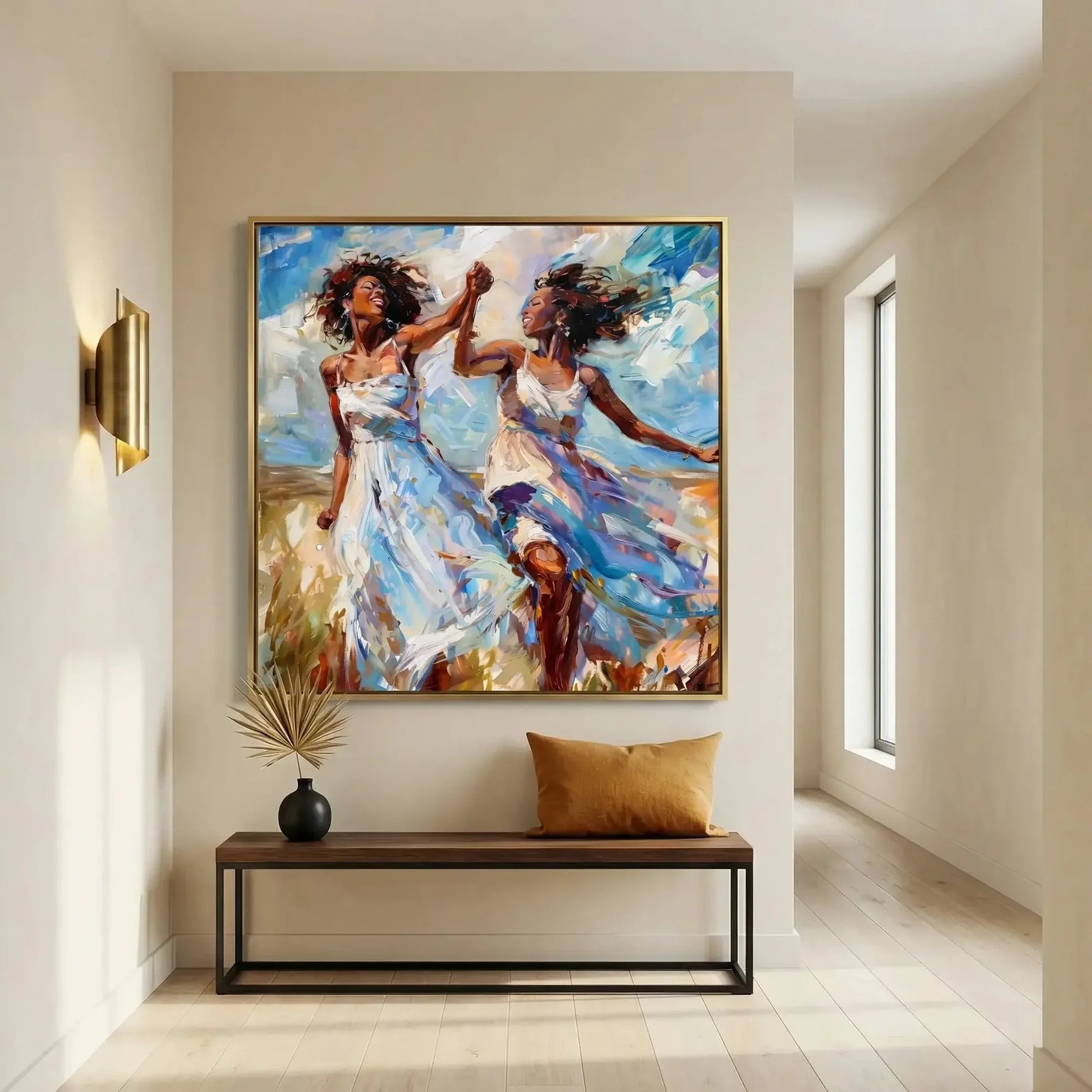 Modern Black art for apartment in minimalist hallway with brass sconce and walnut bench, two Black women dancing. Digital mockup.