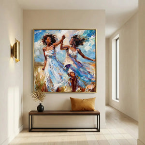 Modern Black art for apartment in minimalist hallway with brass sconce and walnut bench, two Black women dancing. Digital mockup.
