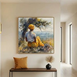 Lowcountry art in minimalist hallway with brass sconce and walnut bench, watercolor Black woman by tree. Digital mockup.