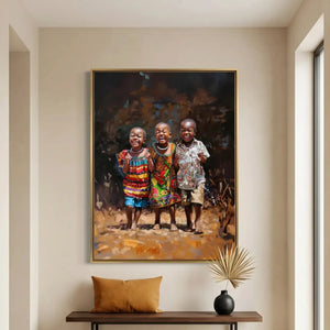 Modern Black art for apartment in minimalist hallway with brass sconce and walnut bench, three joyful African children. Digital mockup.