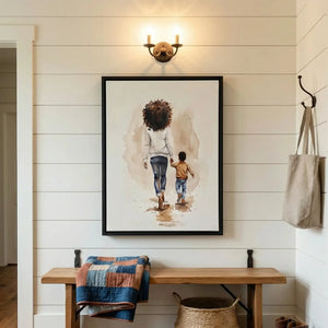 Black farmhouse wall decor in shiplap mudroom with antique bench and woven basket, watercolor Black mother walking with son. Digital mockup.