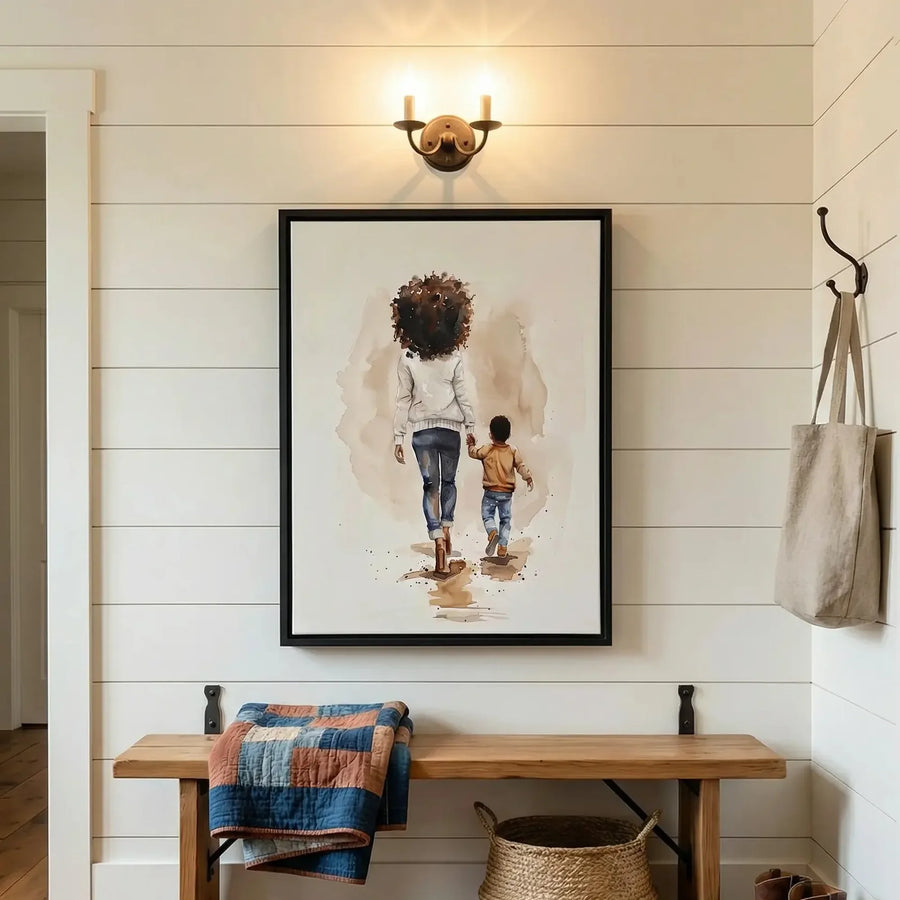 Black farmhouse wall decor in shiplap mudroom with antique bench and woven basket, watercolor Black mother walking with son. Digital mockup.