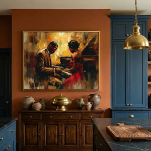 Afrohemian home decor wall art in eclectic kitchen with terracotta wall and deep blue cabinets, Black couple at piano. Digital mockup.