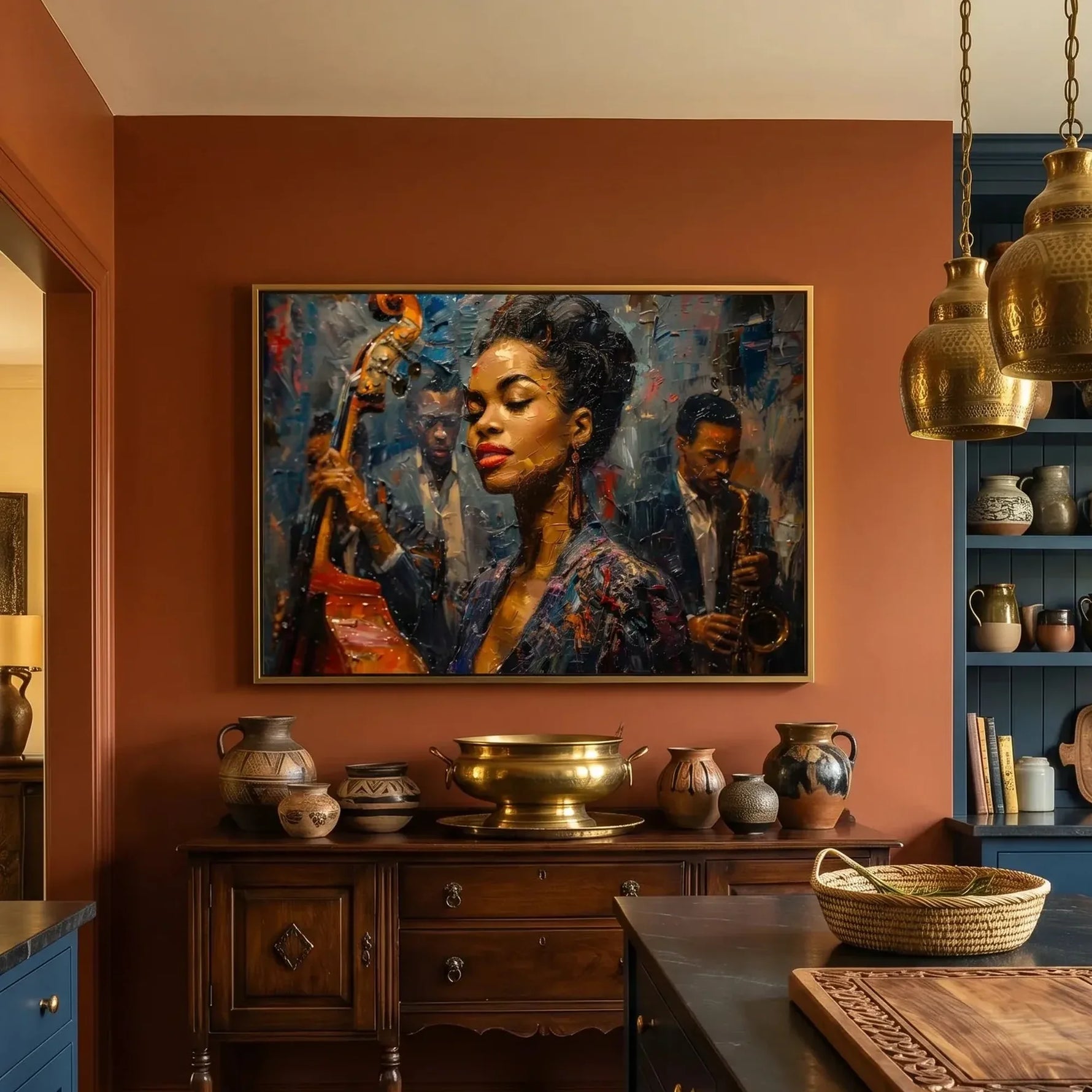 Afrohemian home decor wall art in eclectic kitchen with terracotta wall and brass pendants, young Ella Fitzgerald art. Digital mockup.