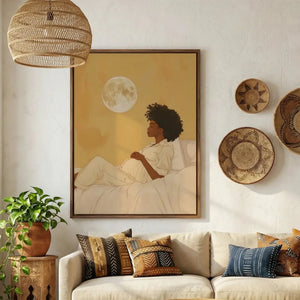 Afrohemian home decor wall art in boho living room with African baskets and rattan, pregnant Black woman maternity art. Digital mockup.