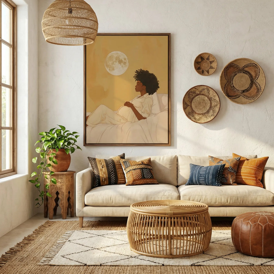 Afro boho living room art in living room with Boho living room with cream sofa, rattan table, and woven wall baskets, Black. Digital mockup.