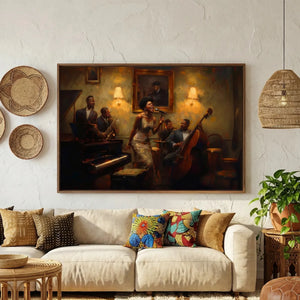 Afrohemian home decor wall art in boho living room with African baskets and wicker pendant, Harlem jazz scene, oil painting. Digital mockup.