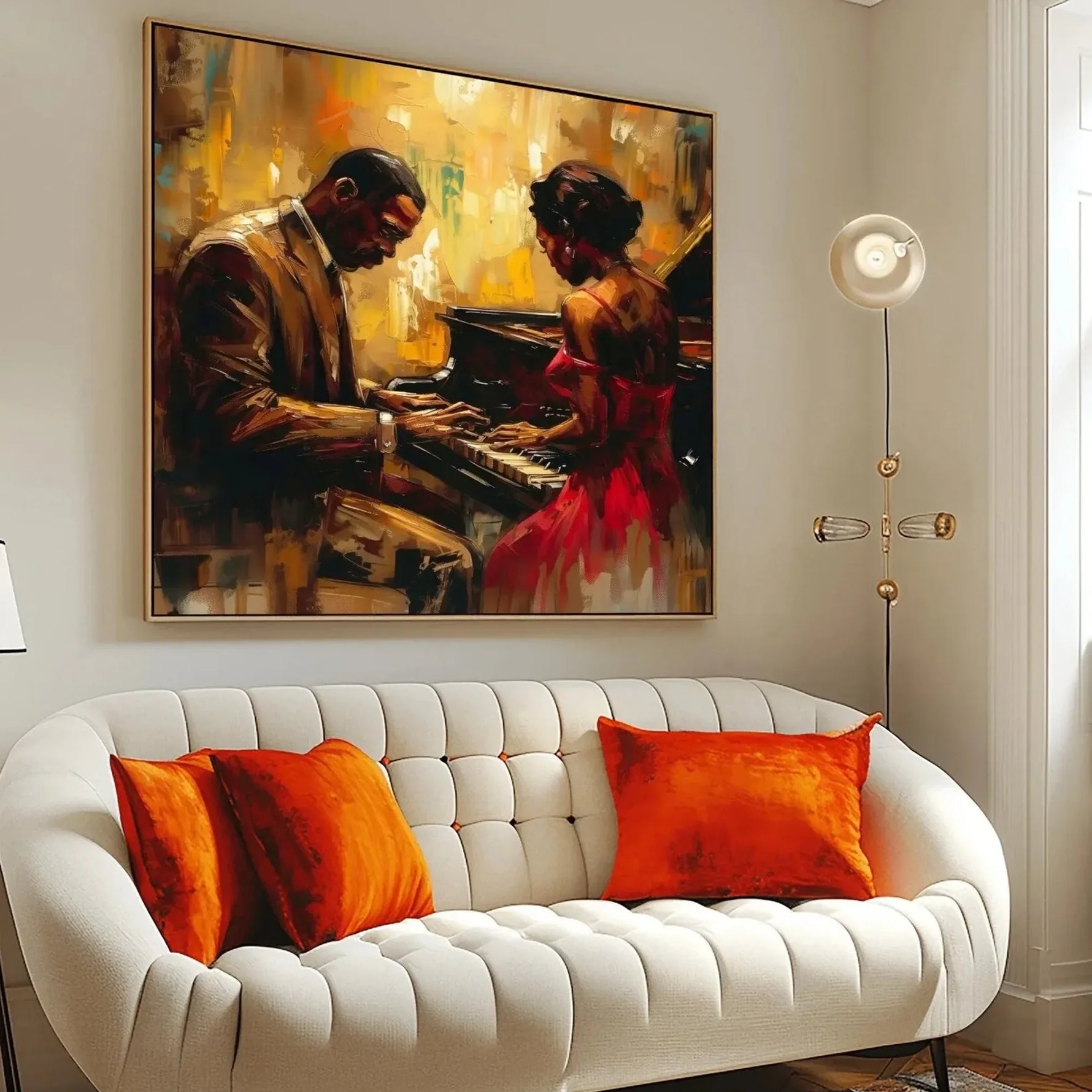 Modern African American art in classic living room with cream tufted sofa and orange pillows, Black couple at piano. Digital mockup.