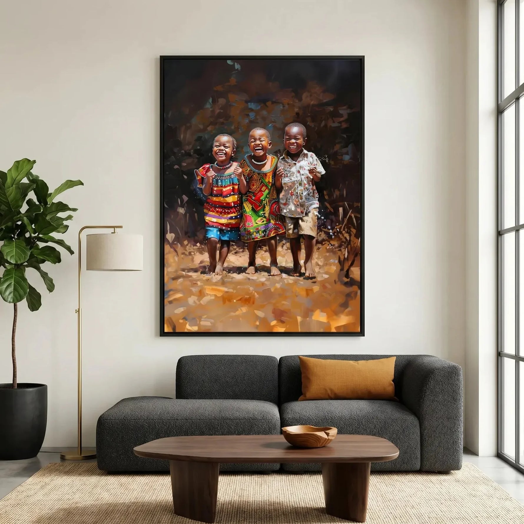 Modern African American art in modern living room with charcoal sofa and fiddle leaf, three joyful African children painting. Digital mockup.