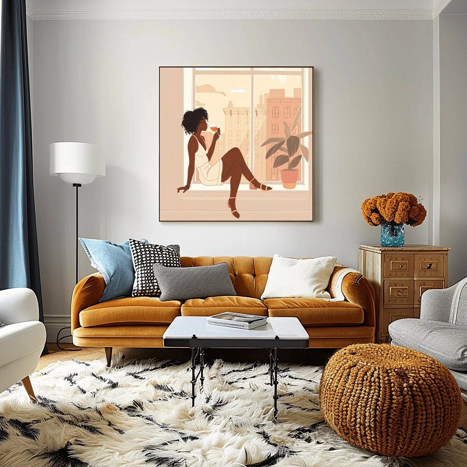 Afrohemian home decor wall art in living room with Modern living room with amber velvet sofa, marble coffee table, fur rug. Digital mockup.