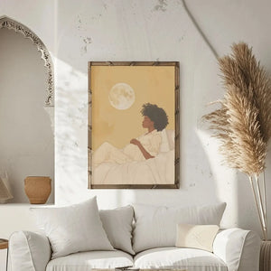 Afrohemian home decor wall art in boho Moroccan living room with arch nook and pampas, pregnant Black woman art, watercolor. Digital mockup.