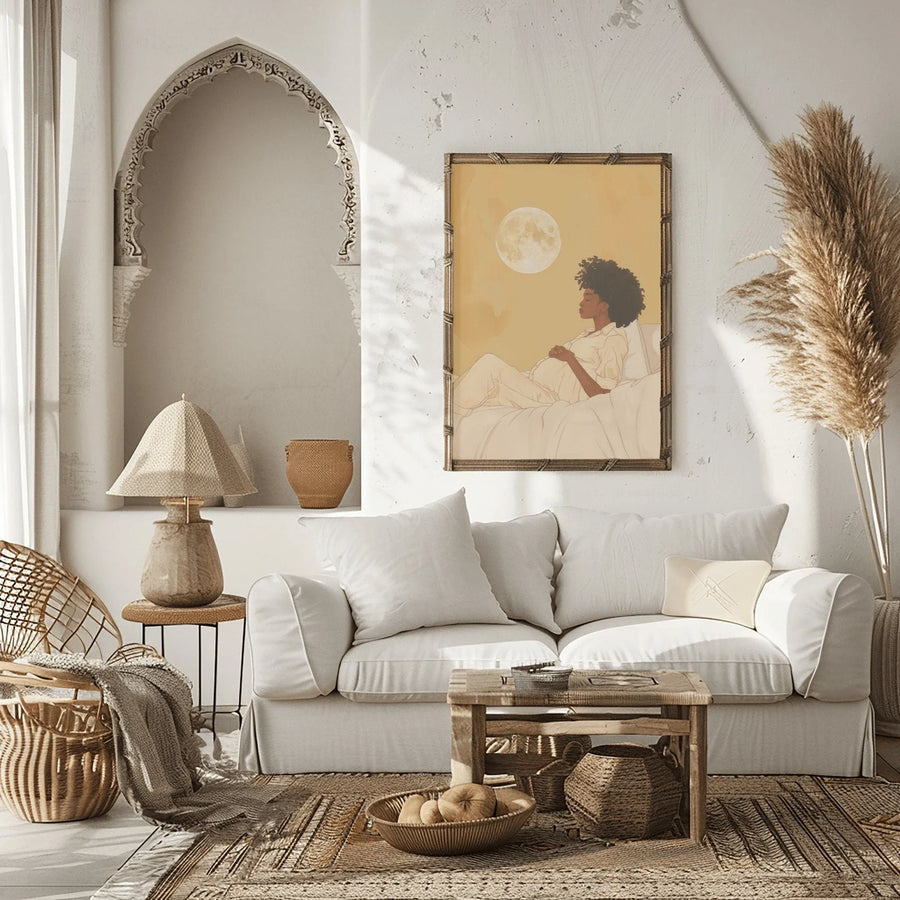 Afrohemian home decor wall art in living room with Moroccan inspired white living room with arched alcove, rattan chair and. Digital mockup.