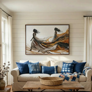 Black art for living room in farmhouse style with shiplap and brick fireplace, abstract two Black women walking free. Digital mockup.