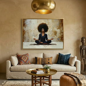 Afrohemian home decor wall art in boho Moroccan living room with mudcloth pillows, Black woman meditating in lotus pose. Digital mockup.