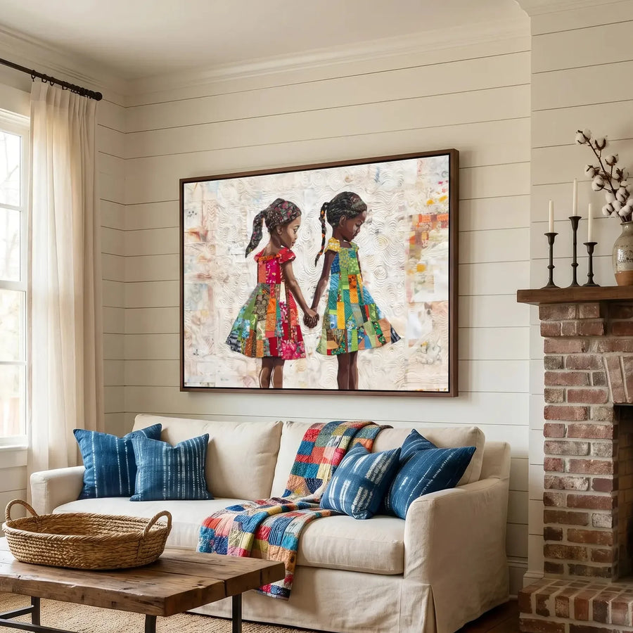 Black art for living room in farmhouse style with shiplap and brick fireplace, Black girl sisters holding hands quilt art. Digital mockup.