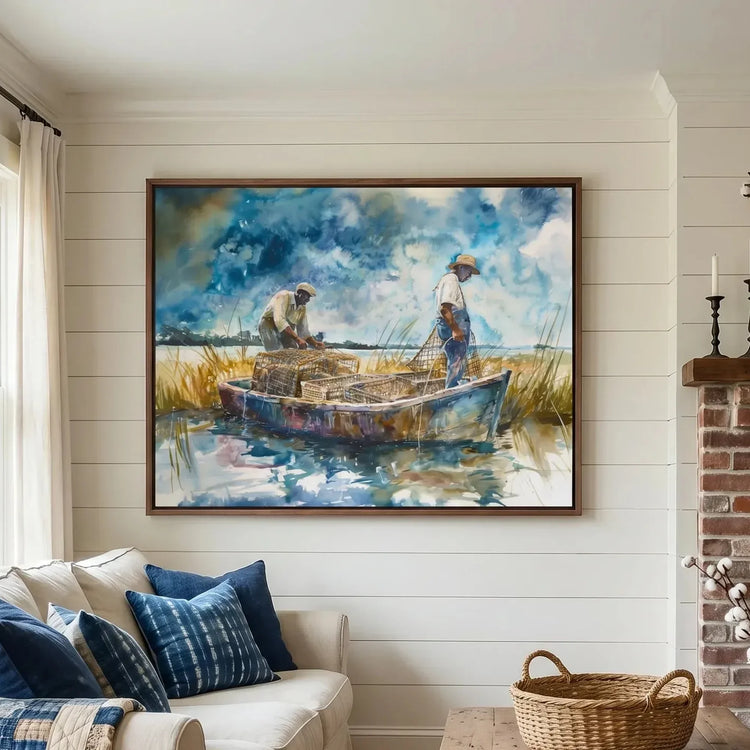 Lowcountry art in boho living room with mudcloth pillows and rattan, Black men crabbing watercolor. Digital mockup.