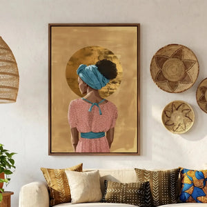 Black woman crown canvas art in afrohemian Moroccan living room, Black woman with teal headwrap and gold crown halo. Digital mockup.
