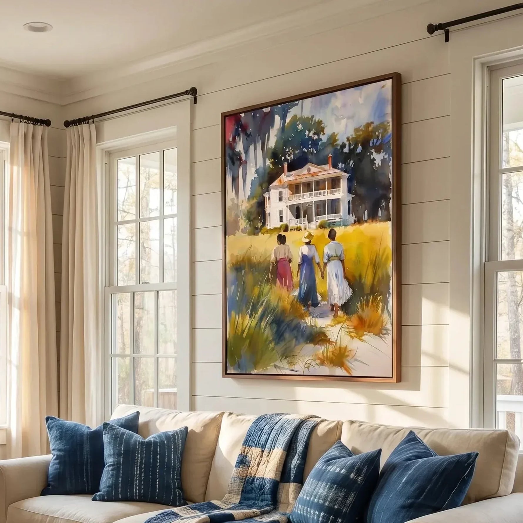 Lowcountry art in farmhouse living room with shiplap and brick fireplace, three Black women walking home. Digital mockup.