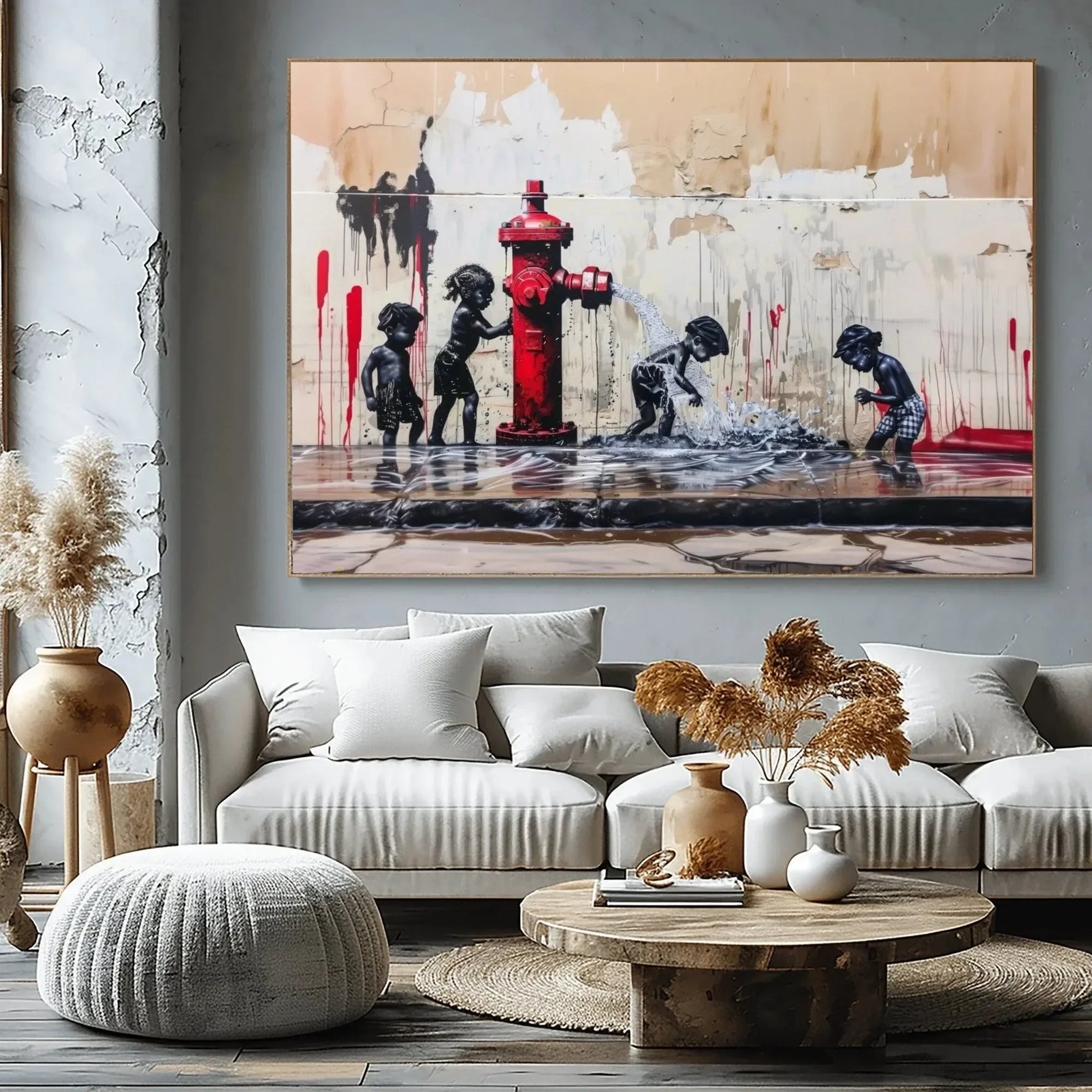 Afrohemian home decor wall art in scandi living room with cream sectional and pampas grass, Black children with hydrant. Digital mockup.