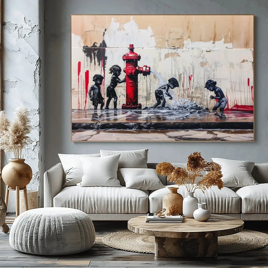 Afrohemian home decor wall art in scandi living room with cream sectional and pampas grass, Black children with hydrant. Digital mockup.