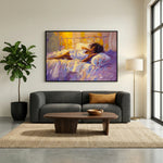 Afrohemian home decor wall art in living room with Clean modern living room with grey bouclé sofa and floor to ceiling. Digital mockup.