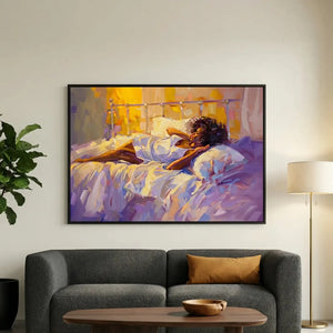 Modern Black art for apartment in minimalist living room with gray boucle sofa and fiddle leaf fig, painterly portrait. Digital mockup.