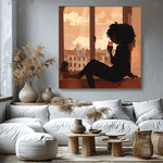 Afrohemian home decor wall art in living room with white cloud sofa, wooden spool tables, pampas grass vases, grey textured. Digital mockup.