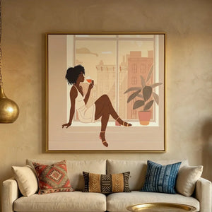 Modern Afro art for office in afrohemian Moroccan living room with brass pendant, Black woman sipping wine at city window. Digital mockup.