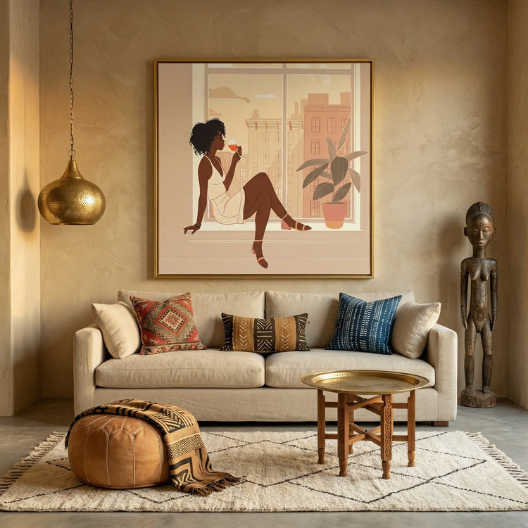 Afrohemian home decor wall art for living room. Digital mockup.