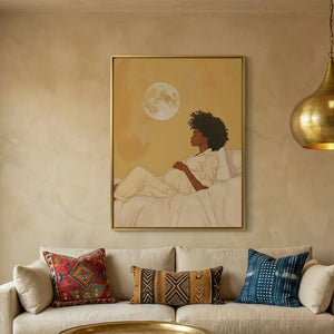 Boho Black girl wall art in afrohemian Moroccan living room, soft watercolor of pregnant Black woman under full moon. Digital mockup.
