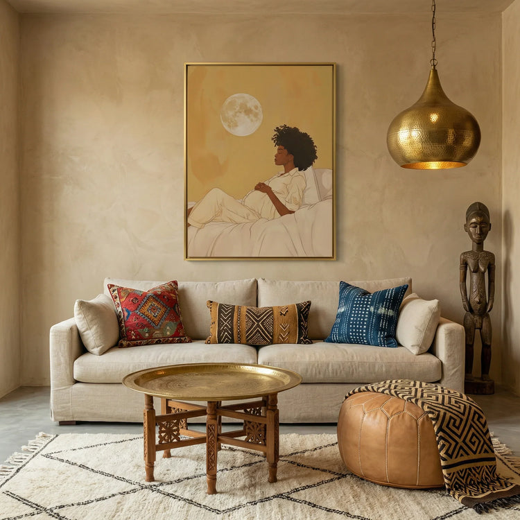 Afrohemian home decor wall art for living room. Digital mockup.