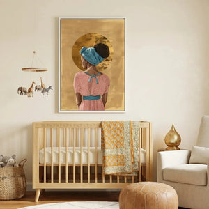 Black art for nursery walls in scandi nursery with wood crib and African animal figurines, Black woman crown art. Digital mockup.